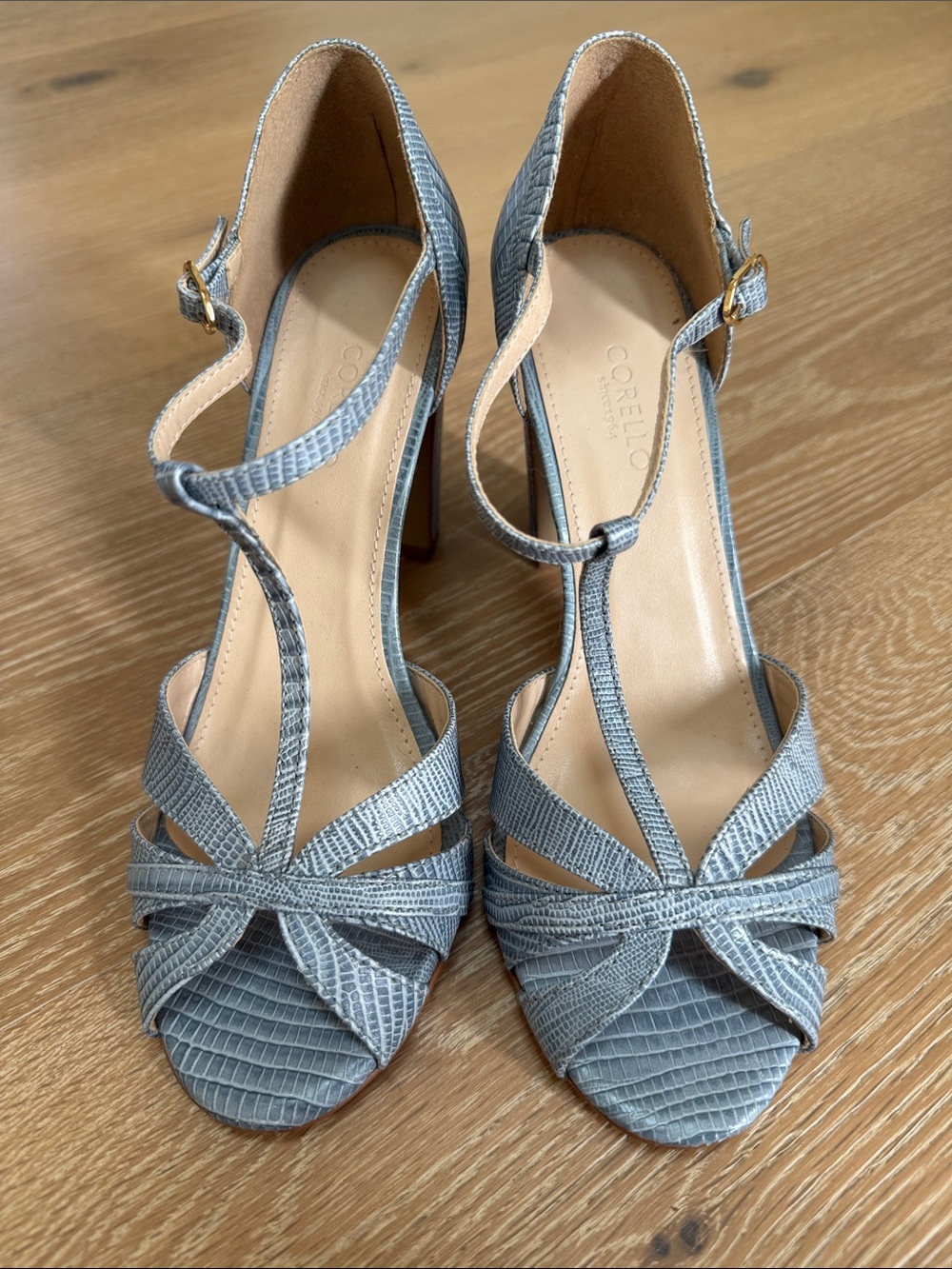 Light Blue Textured Leather T-Strap Heels